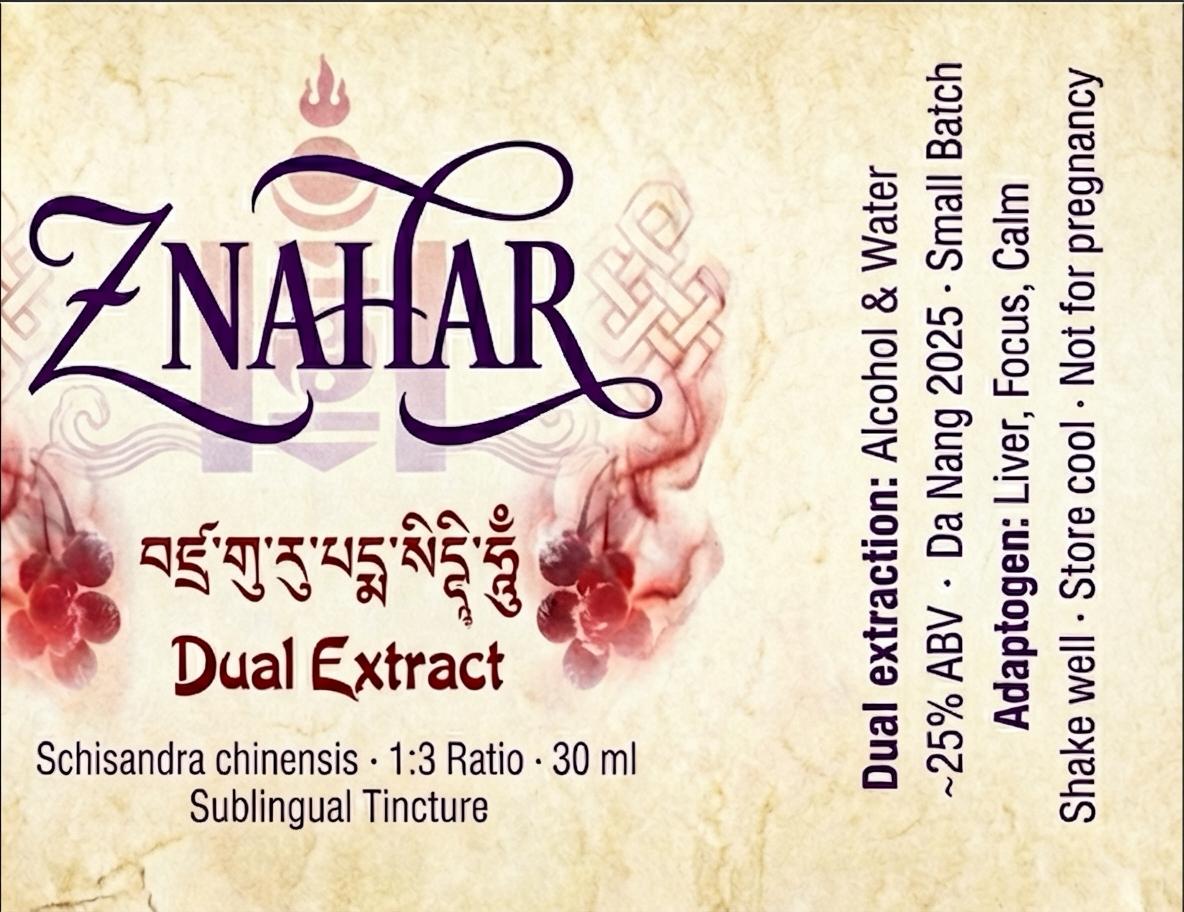 The Schisandra label artwork with Tibetan script and botanical illustration